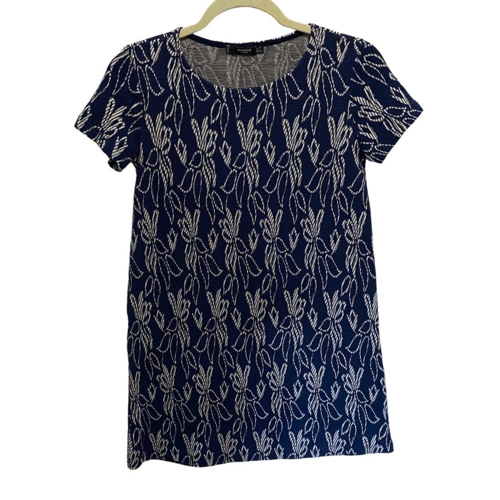 MANGO Women Sz 2 Cotton Blend Blue Textured Abstract Floral Print Mini Dress
